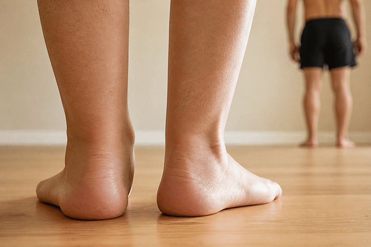 Piedi scalzi su una superficie in legno, in equilibrio su un piede