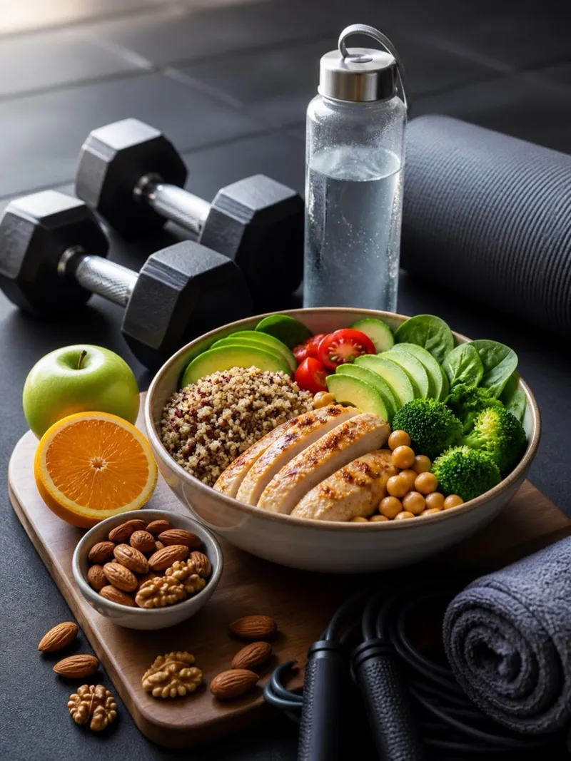 Pasto bilanciato con pollo, verdure e cereali accanto ad attrezzi per l’allenamento